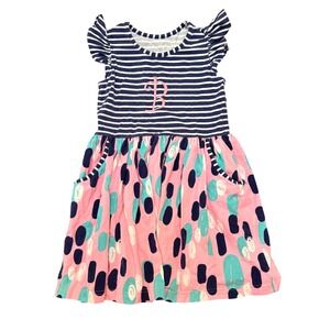 Kelly's Kids Striped Anchor Pocket Dress Pink Blue Dot Ruffle Sleeve Size 6-7
